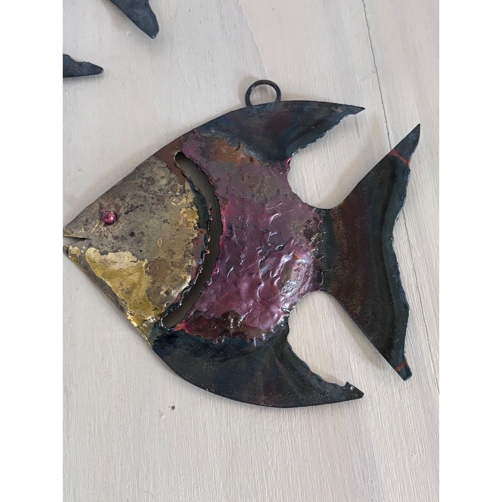Vintage Brutalist Mixed Metal Angel Fish Wall Art Set 3 Made in Mexico MCM Folk - Picture 4 of 11